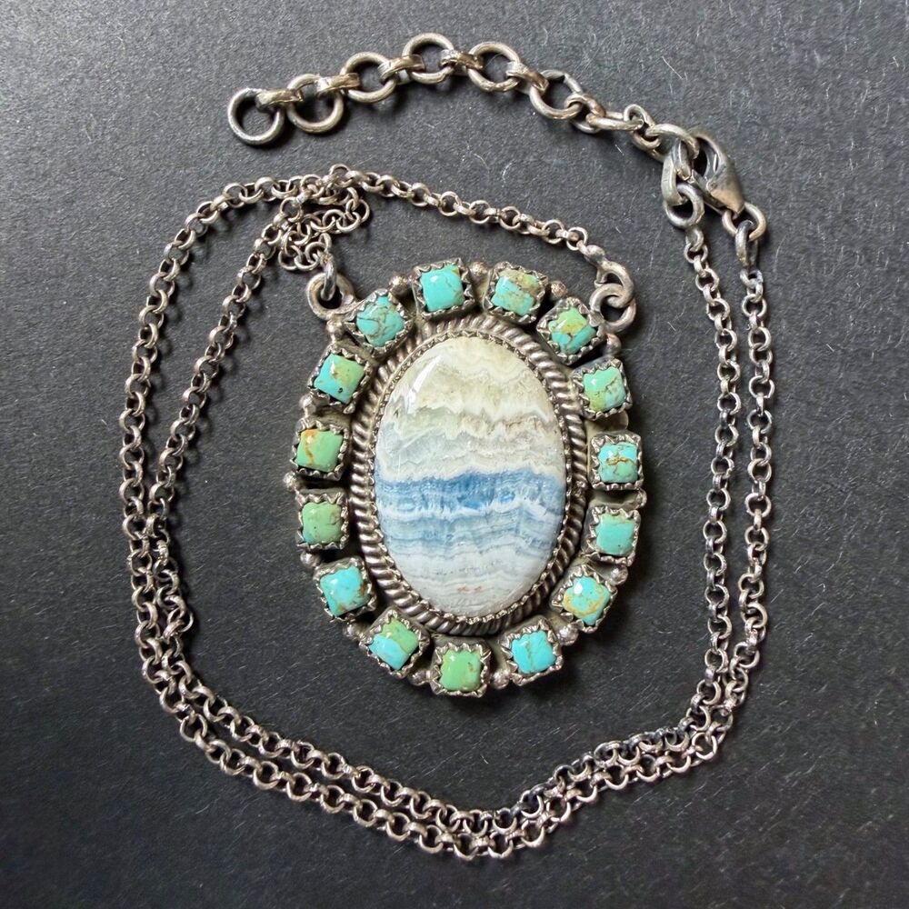 Southwestern Blue Agate & Turquoise Cluster Necklace Sterling Silver Rolo Chain
